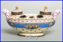 Antique French Faience Polychrome Porcelain Inkwell Stand Bronze Fittings 8.25