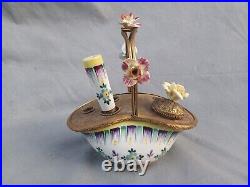 Antique French Faience Porcelain Bronze Inkstand Basket Floral late 19th Century