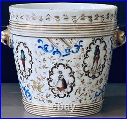 Antique French Faience Porcelain Cache Planter Pot Hand Painted Lion Handles 6H