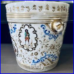 Antique French Faience Porcelain Cache Planter Pot Hand Painted Lion Handles 6H
