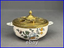 Antique French Faience Pottery 6 1/4 Inkstand with Bronze Fittings