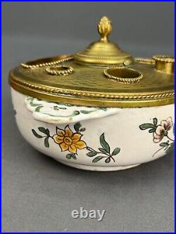 Antique French Faience Pottery 6 1/4 Inkstand with Bronze Fittings