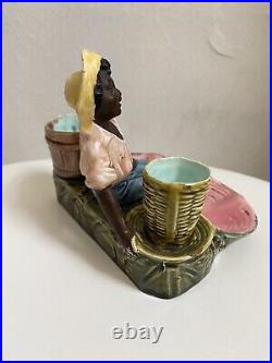 Antique French Faience Pottery Black Figural Toothpick Jewelry Holder France