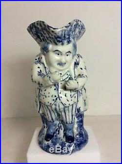 Antique French Faience Pottery Blue Spongeware Snuff-Taker Toby Jug