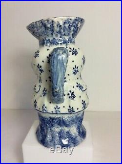 Antique French Faience Pottery Blue Spongeware Snuff-Taker Toby Jug