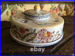 Antique French Faience Pottery Inkwell Hand Painted Signed