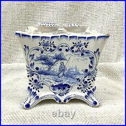 Antique French Faience Pottery Tulip Vase Planter Hand Painted Blue and White