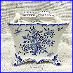Antique French Faience Pottery Tulip Vase Planter Hand Painted Blue and White