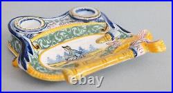 Antique French Faience Quimper Double Inkwell Pen Tray Desk Set circa 1900