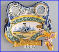 Antique French Faience Quimper Double Inkwell Pen Tray Desk Set circa 1900