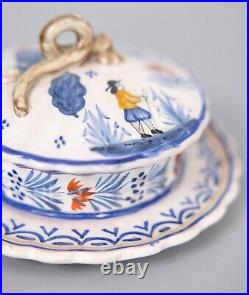 Antique French Faience Quimper Lidded Butter Bowl Dish circa 1920