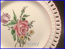 Antique French Faience Reverbere Fin Lace Cut Floral Plate Rose and Thistle