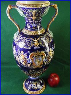 Antique French Faience Signed Gien Majolica Figuraltwo Handle Vase Palatial Size