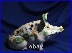 Antique French Faience Signed Mosanic Pottery Pig Flower Frog Ear Reattached