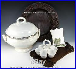 Antique French Faience Soup Tureen with Sterling Silver Collar, White Pottery