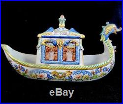 Antique French Faience Tin Glaze Pottery Model Ship With Box & Cover