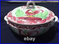 Antique French Faience Tureen & Sauce Boat Lorraine Roosters c. 1880s Rare Set