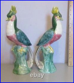 Antique French Faience pottery BIRDS OF PARADISE PAIR large 14 tall figures