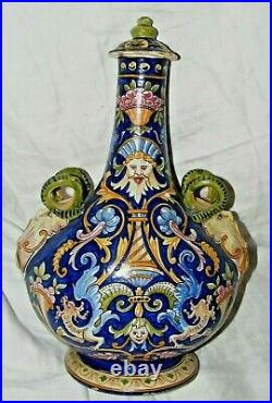Antique French Fourmaintraux Freres Desvres Faience Pilgrim Bottle Vase LID