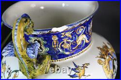 Antique French GIEN faience marked Centerpiece Planter dragons mythological
