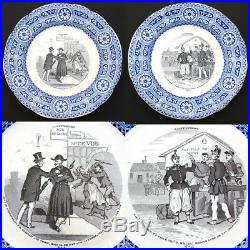 Antique French Gien Faience 5pc Cabinet Plate Set, Bouffoneries Figural Scenes
