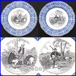 Antique French Gien Faience 5pc Cabinet Plate Set, Bouffoneries Figural Scenes