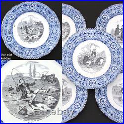 Antique French Gien Faience 5pc Cabinet Plate Set, Bouffoneries Figural Scenes