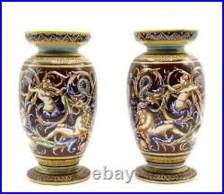 Antique French Gien Majolica Faience Urns Vases Pair