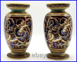 Antique French Gien Majolica Faience Urns Vases Pair