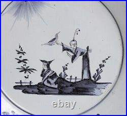 Antique French La Rochelle Faience Pottery Plate Chinese Figures Blue/Manganese