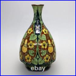 Antique French Luneville Aesthetic Faience Pottery Gourd Vase, 19th C
