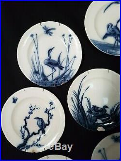 Antique French, Plate Set, Longwy, Blue and White Faience, Birds, 1900, Damaged