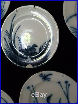 Antique French, Plate Set, Longwy, Blue and White Faience, Birds, 1900, Damaged