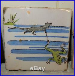Antique French Ponchon Oise Pottery Tiles Aesop's Fables The Frog and The Rat