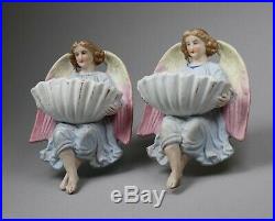 Antique French Pottery Pair of Angel Figures Bisque Benetier Faience