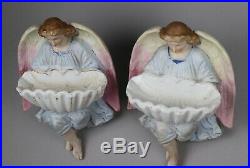 Antique French Pottery Pair of Angel Figures Bisque Benetier Faience