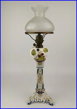 Antique French Rouen Faience Candlestick & Moore Brothers Oil Peg Lamp 19th C