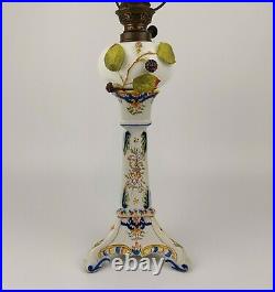 Antique French Rouen Faience Candlestick & Moore Brothers Oil Peg Lamp 19th C