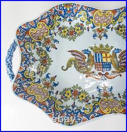 Antique French Rouen Faience Desevres Armorial Tray with Dragons