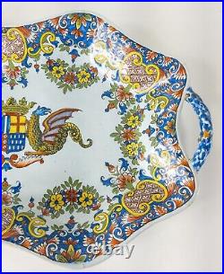 Antique French Rouen Faience Desevres Armorial Tray with Dragons