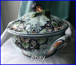 Antique French Rouen Faience Soup Tureen Celadon Tin Glazed Artichoke Hand Paint