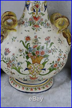 Antique French Rouen Flask 19thc marked floral Satyr devil heads faience