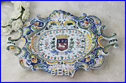 Antique French Rouen porcelain faience Armor shield plate tray