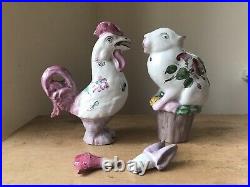 Antique French Sarreguemines Faience Pottery Oil Bottles Rabbit & Cock, Easter