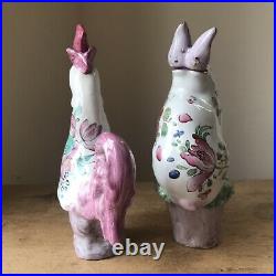 Antique French Sarreguemines Faience Pottery Oil Bottles Rabbit & Cock, Easter