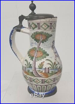 Antique French Signed Majolica Maiolica Faience Pitcher Jug Pewter As Is