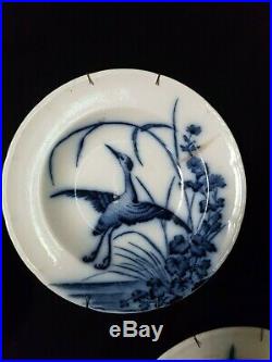 Antique French, Soup Plate Set, Longwy, Blue and White Faience, Birds, 1900, Damaged
