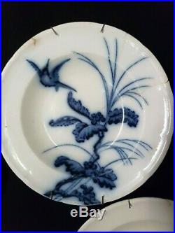 Antique French, Soup Plate Set, Longwy, Blue and White Faience, Birds, 1900, Damaged