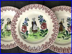 Antique French Spoungeware Set 12 Quimper Plates Bretonne Vannes 8 3/4