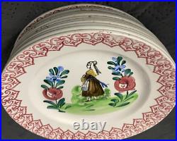 Antique French Spoungeware Set 12 Quimper Plates Bretonne Vannes 8 3/4